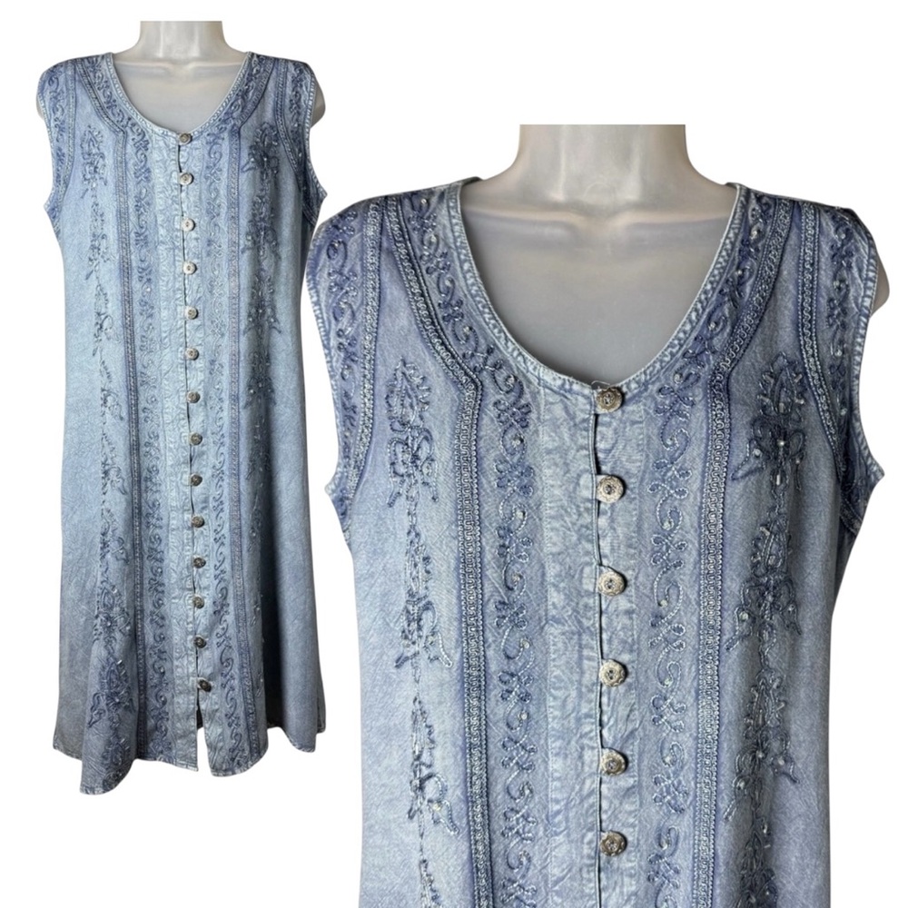 Vintage Y2K Chambray Maxi Dress Sequins Embroidered Medium Boho Resort~Coline